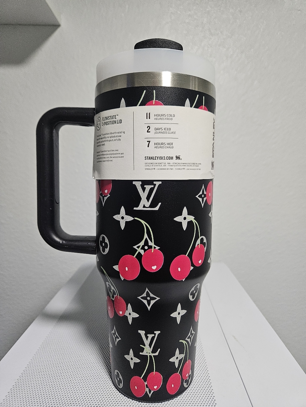 Custom Cherry Monogram Travel Tumbler - Black & Red - Picture 3 of 6